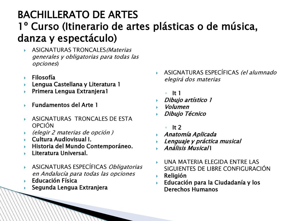 1º Curso (Itinerario de artes plásticas o de música, danza y espectáculo)