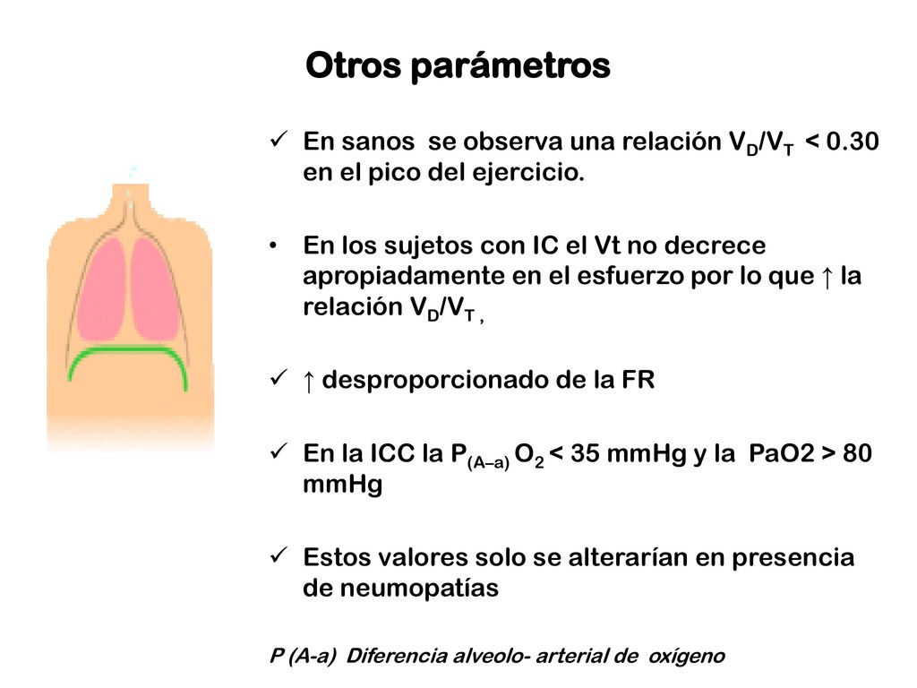 Otros parámetros En sanos se observa una relación VD/VT < 0.30 en el pico del ejercicio.