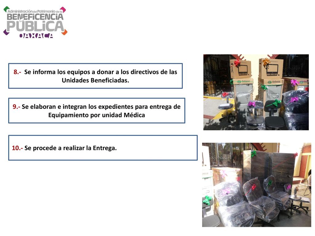 8.- Se informa los equipos a donar a los directivos de las Unidades Beneficiadas.