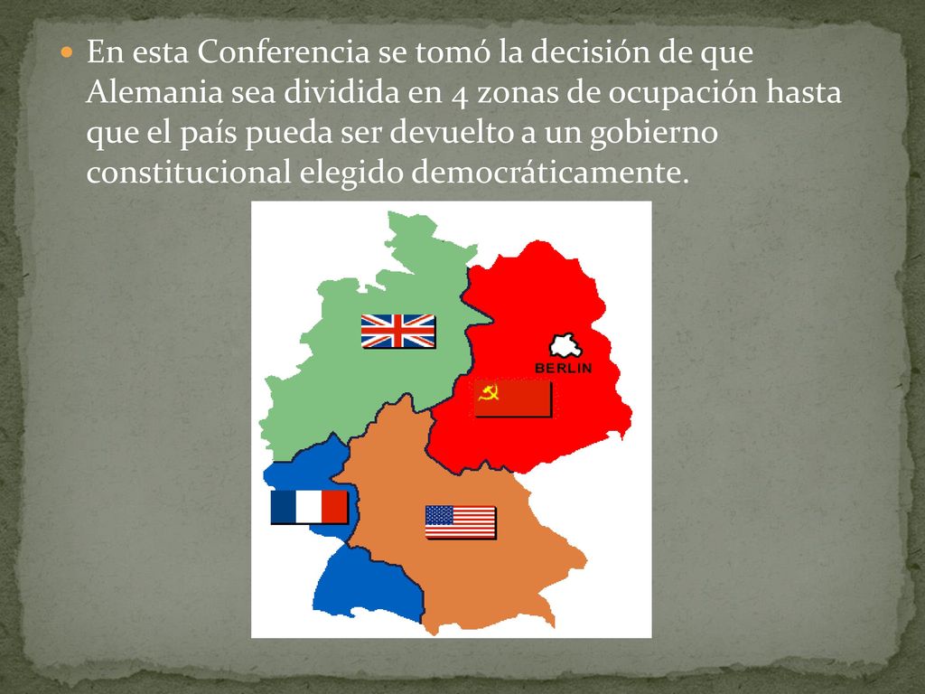 En esta Conferencia se tomó la decisión de que Alemania sea dividida en 4 zonas de ocupación hasta que el país pueda ser devuelto a un gobierno constitucional elegido democráticamente.