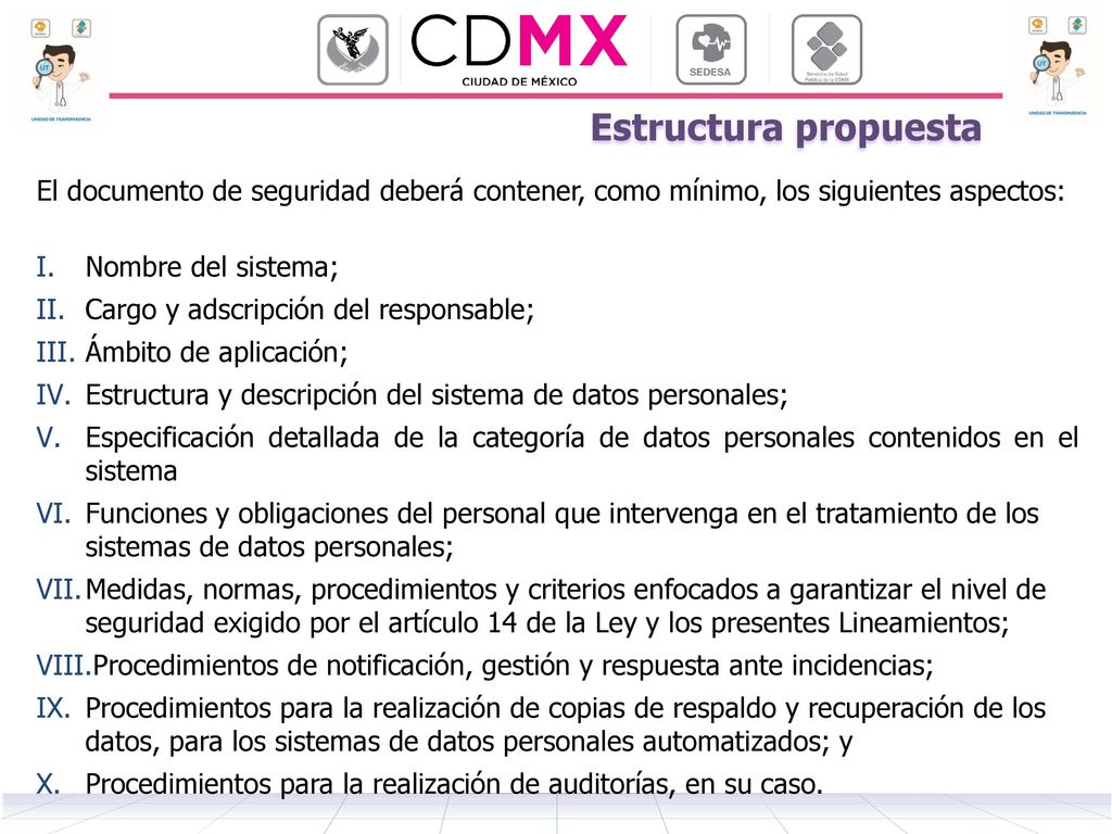 Estructura propuesta El documento de seguridad deberá contener, como mínimo, los siguientes aspectos: