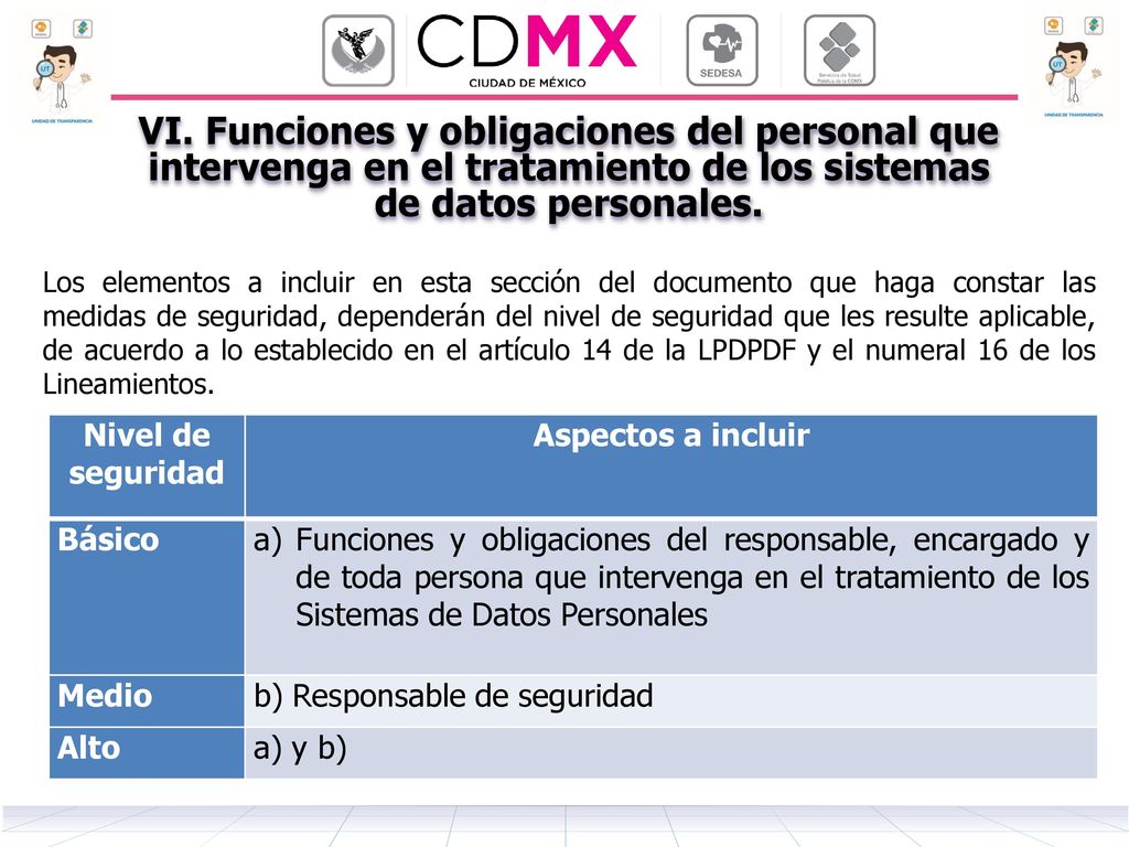 VI. Funciones y obligaciones del personal que intervenga en el tratamiento de los sistemas de datos personales.