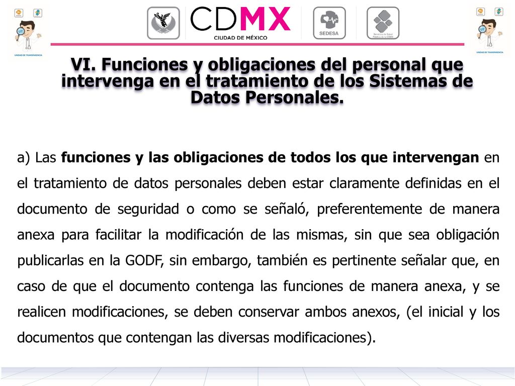 VI. Funciones y obligaciones del personal que intervenga en el tratamiento de los Sistemas de Datos Personales.