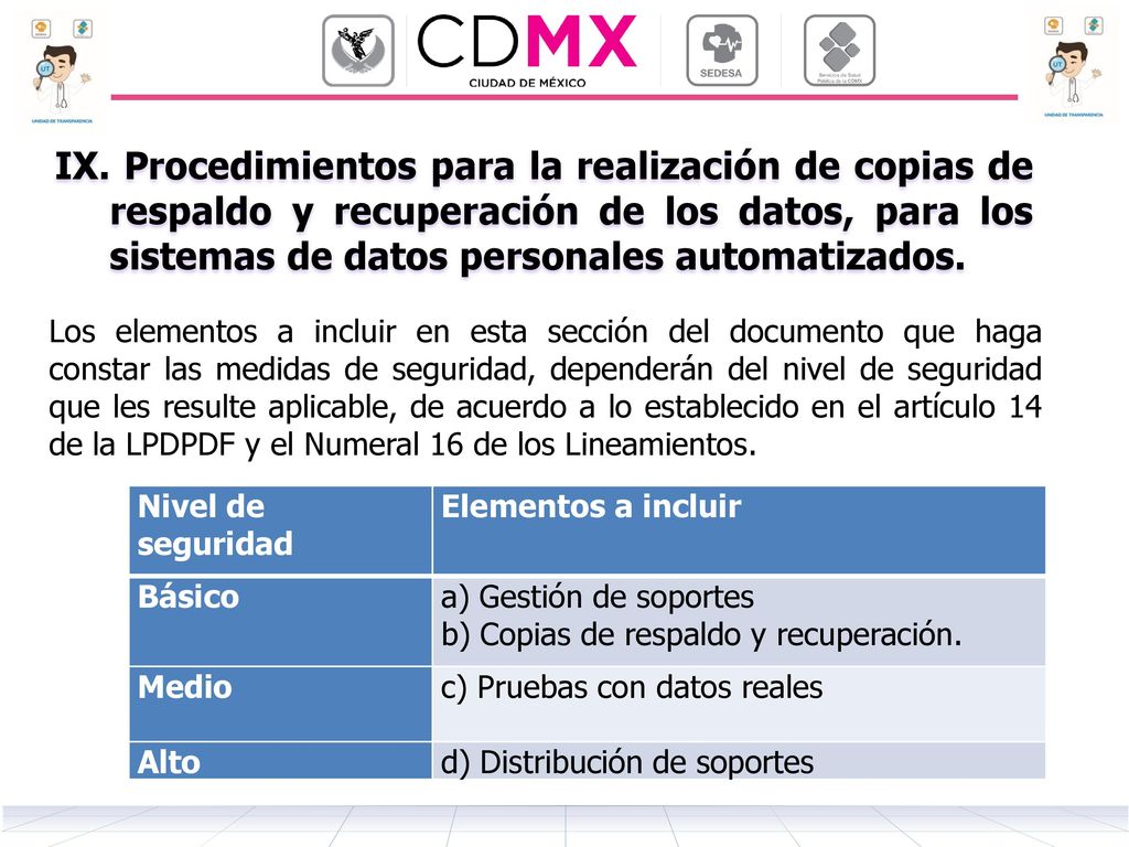 IX. Procedimientos para la realización de copias de respaldo y recuperación de los datos, para los sistemas de datos personales automatizados.