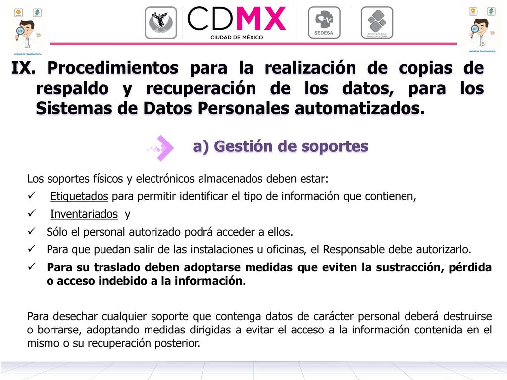 IX. Procedimientos para la realización de copias de respaldo y recuperación de los datos, para los Sistemas de Datos Personales automatizados.