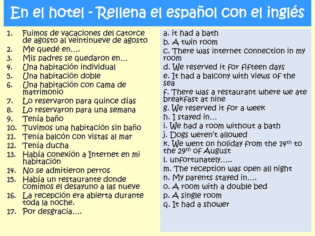 En el hotel - Rellena el español con el inglés