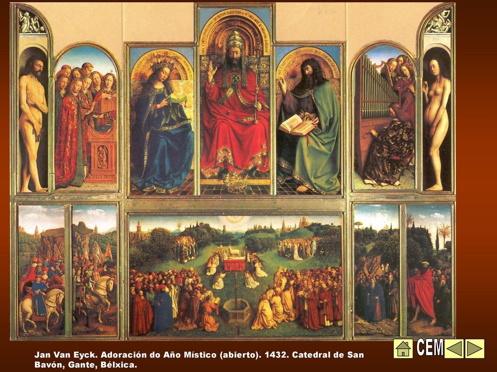 CEM Jan Van Eyck. Adoración do Año Místico (abierto) Catedral de San Bavón, Gante, Bélxica.