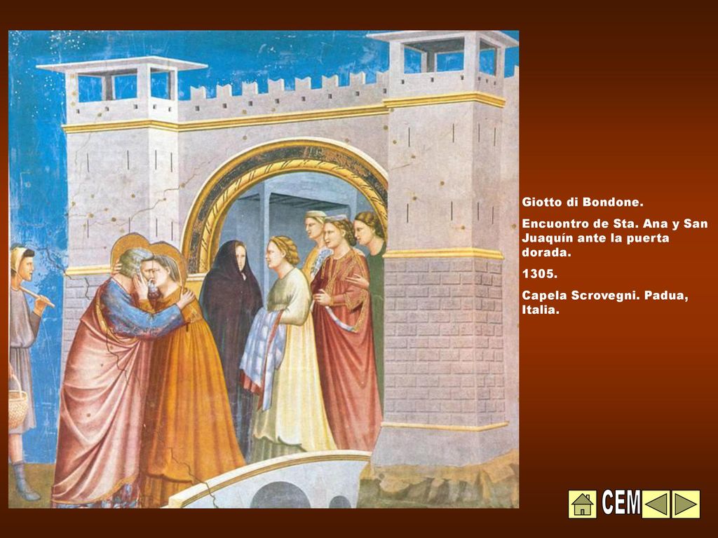 Giotto di Bondone. Encuontro de Sta. Ana y San Juaquín ante la puerta dorada Capela Scrovegni. Padua, Italia.