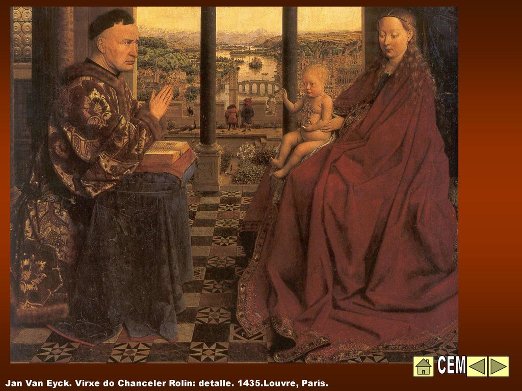 CEM Jan Van Eyck. Virxe do Chanceler Rolin: detalle Louvre, París.