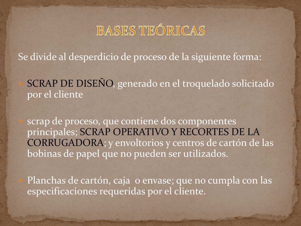 BASES TEÓRICAS Se divide al desperdicio de proceso de la siguiente forma: SCRAP DE DISEÑO, generado en el troquelado solicitado por el cliente.