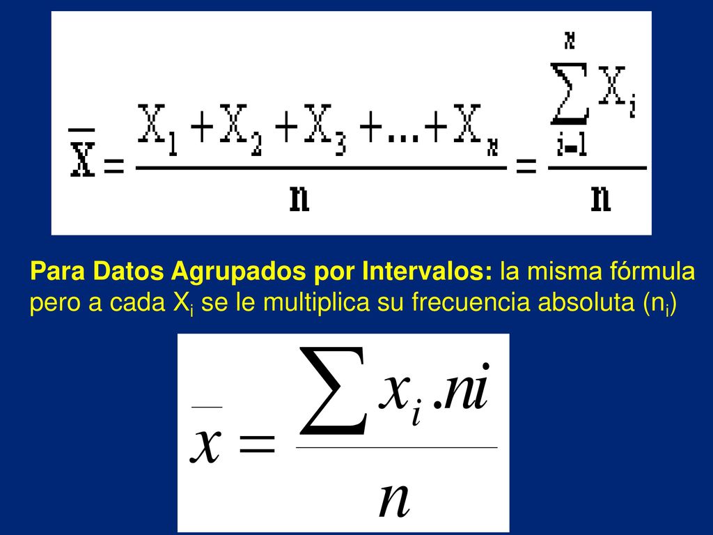 Para Datos Agrupados por Intervalos: la misma fórmula pero a cada Xi se le multiplica su frecuencia absoluta (ni)