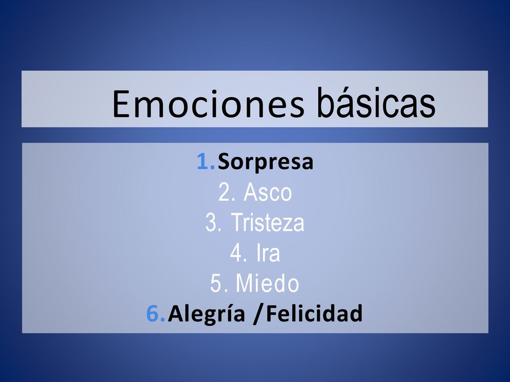Emociones básicas Sorpresa Asco Tristeza Ira Miedo Alegría / Felicidad