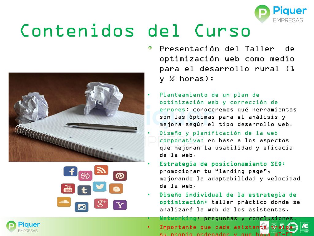Contenidos del Curso Presentación del Taller de optimización web como medio para el desarrollo rural (1 y ½ horas):