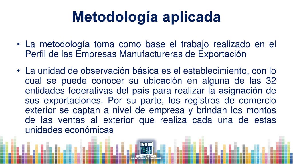 Metodología aplicada La metodología toma como base el trabajo realizado en el Perfil de las Empresas Manufactureras de Exportación
