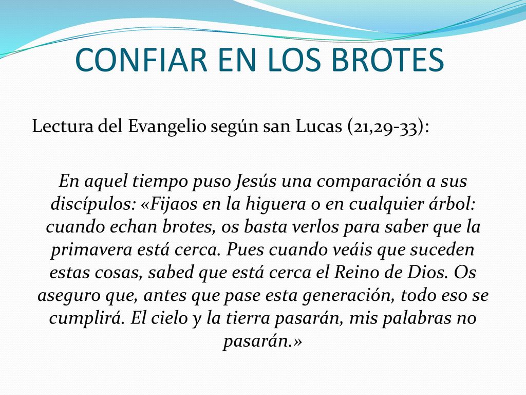 CONFIAR EN LOS BROTES Lectura del Evangelio según san Lucas (21,29-33):
