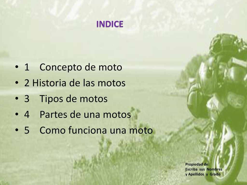 1 Concepto de moto 2 Historia de las motos 3 Tipos de motos