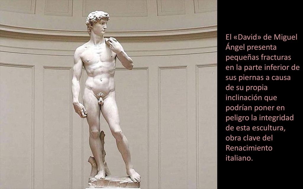 El «David» de Miguel Ángel presenta pequeñas fracturas en la parte inferior de sus piernas a causa de su propia inclinación que podrían poner en peligro la integridad de esta escultura, obra clave del Renacimiento italiano.