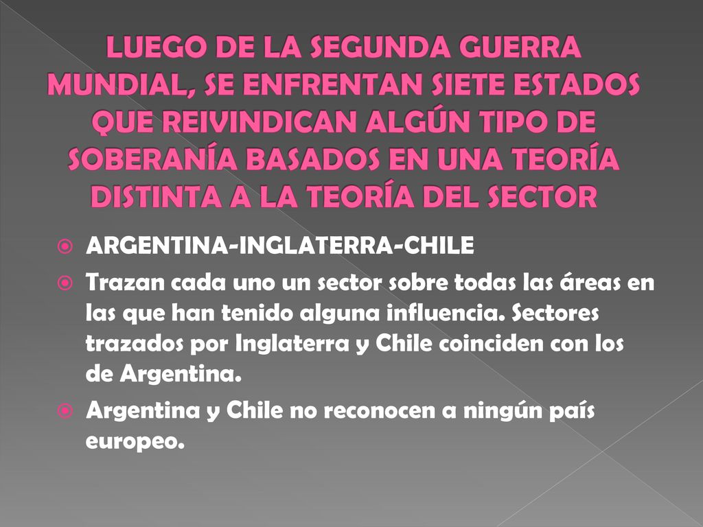 LUEGO DE LA SEGUNDA GUERRA MUNDIAL, SE ENFRENTAN SIETE ESTADOS QUE REIVINDICAN ALGÚN TIPO DE SOBERANÍA BASADOS EN UNA TEORÍA DISTINTA A LA TEORÍA DEL SECTOR