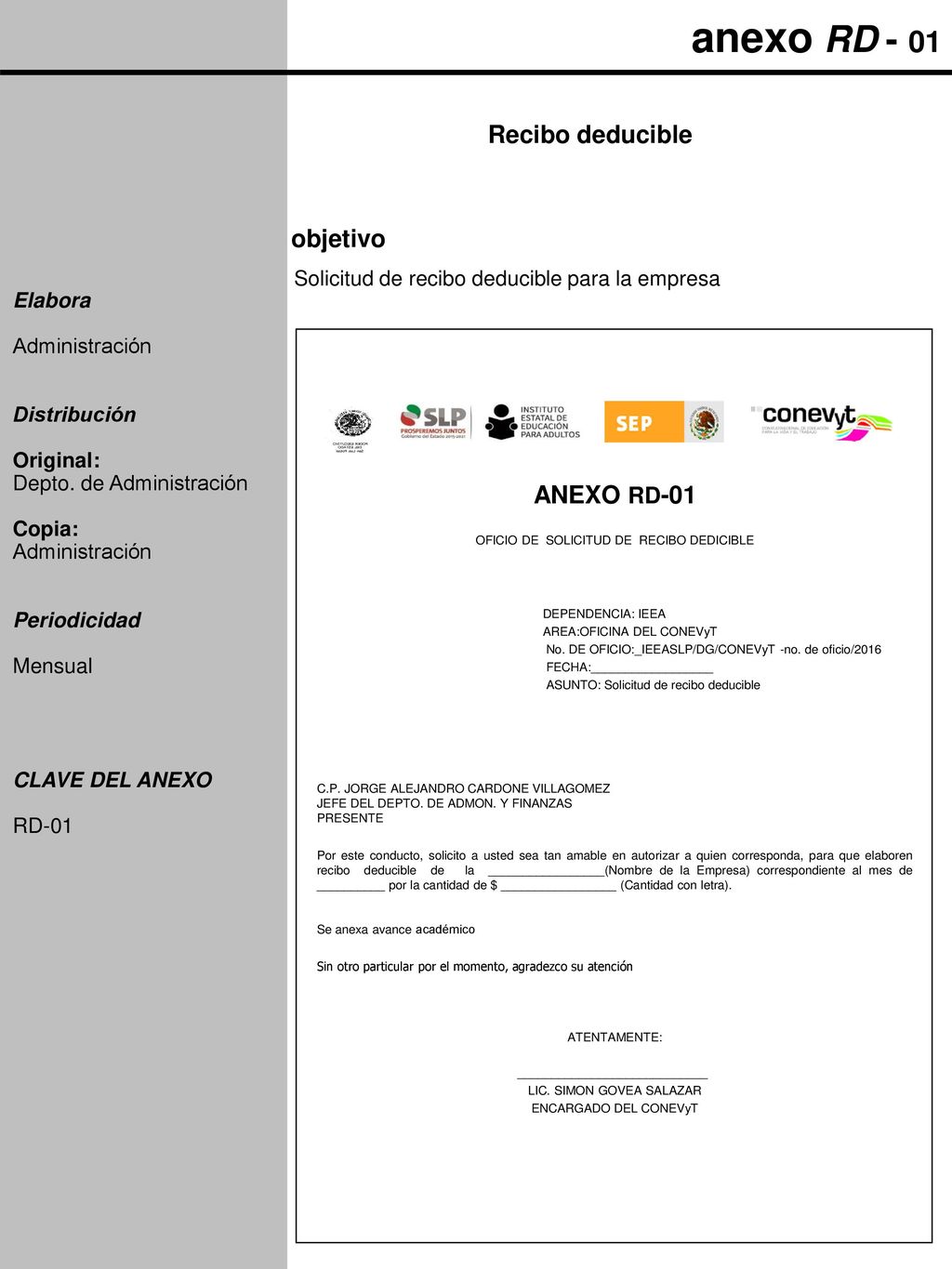 anexo RD - 01 Recibo deducible objetivo ANEXO RD-01 Elabora