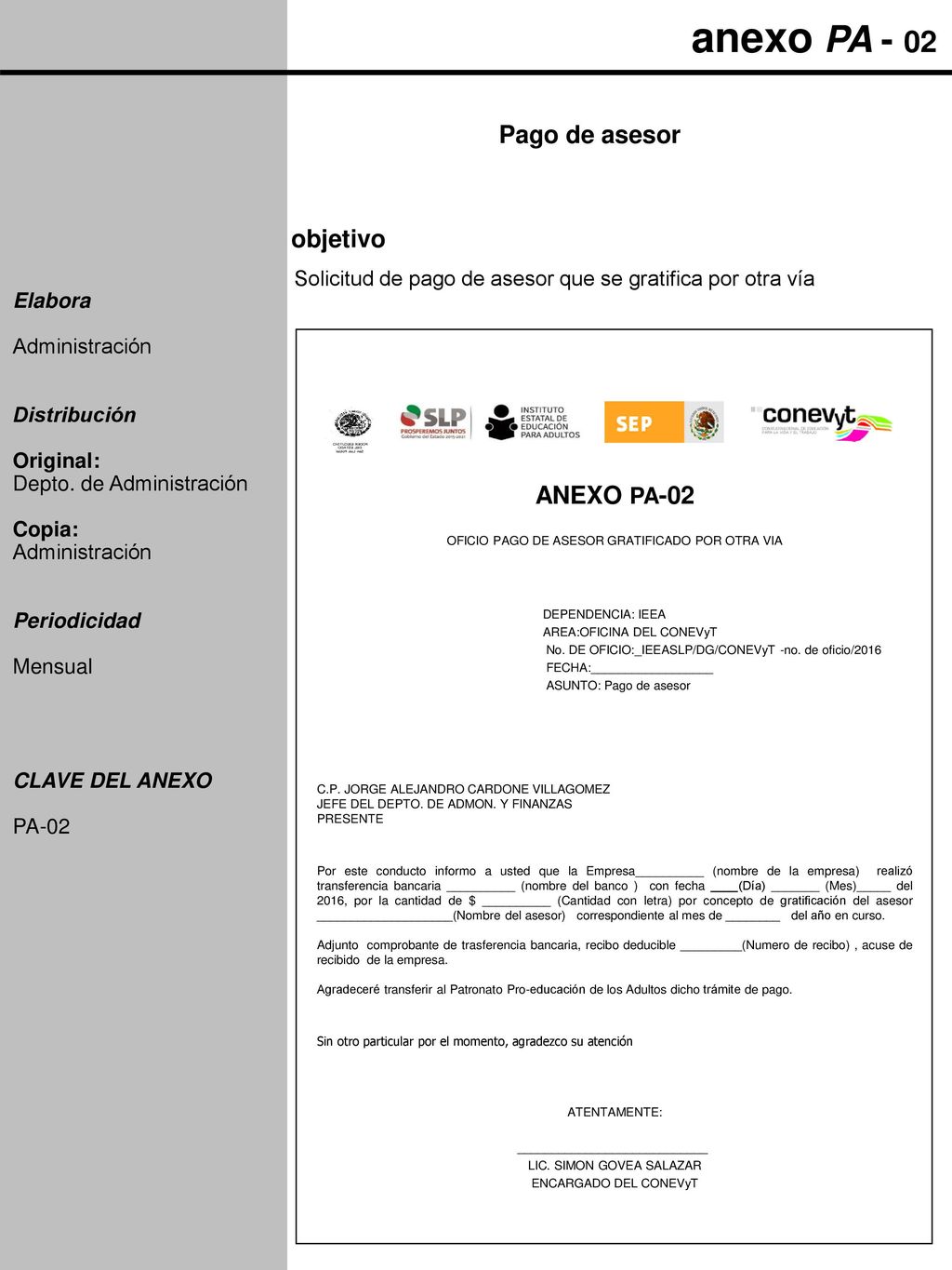 anexo PA - 02 Pago de asesor objetivo ANEXO PA-02 Elabora