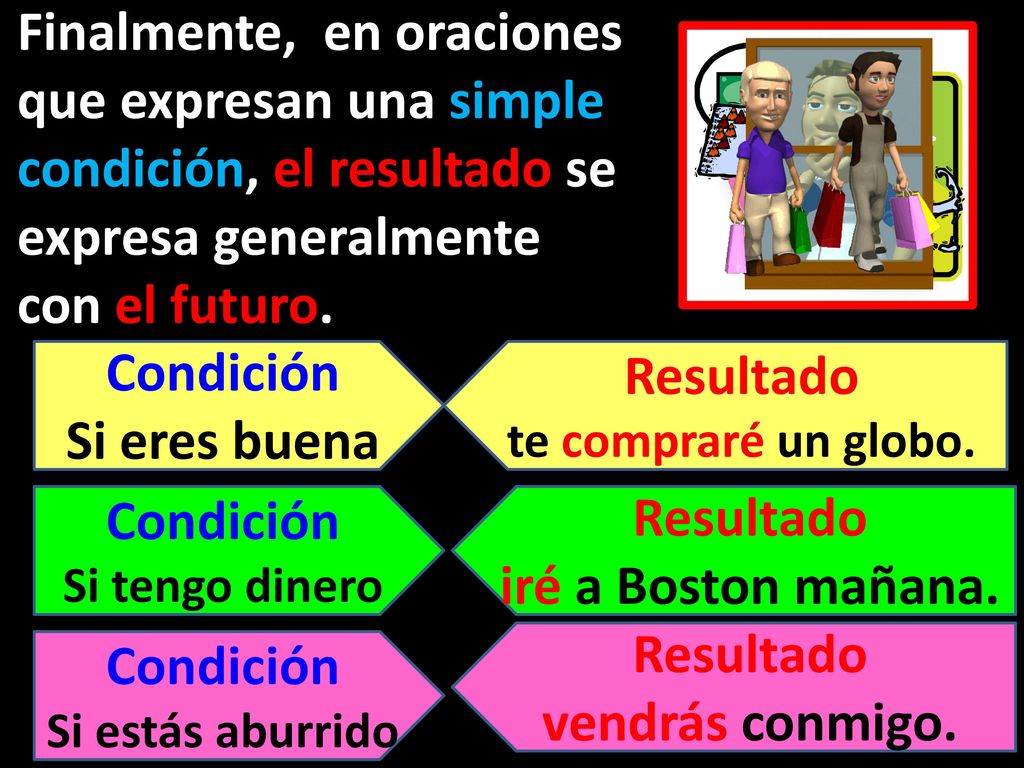 Finalmente, en oraciones que expresan una simple condición, el resultado se expresa generalmente con el futuro.