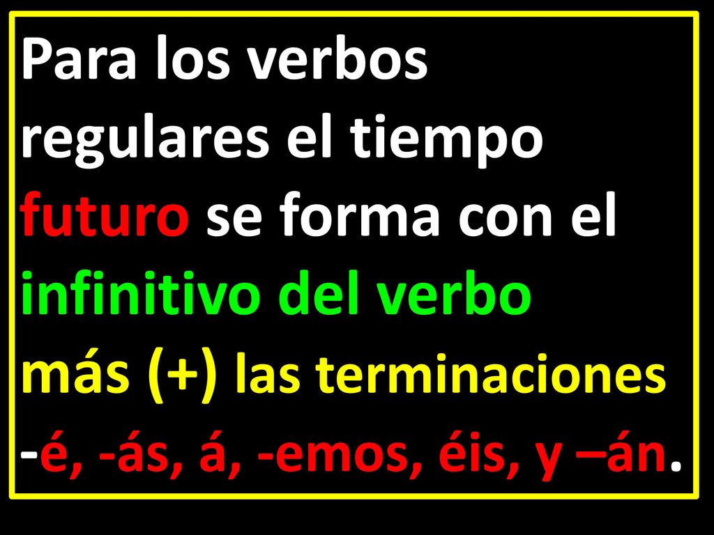 Para los verbos regulares el tiempo futuro se forma con el infinitivo del verbo
