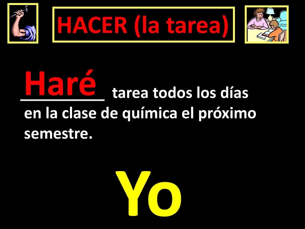 Yo Haré HACER (la tarea) __________ tarea todos los días