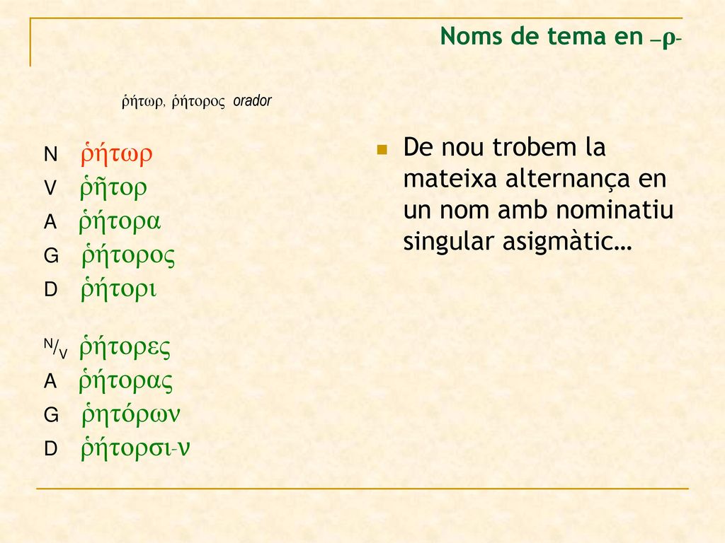 Noms de tema en –ρ- ῥήτωρ, ῥήτορος orador. N ῥήτωρ. V ῥῆτορ. A ῥήτορα. G ῥήτορος. D ῥήτορι.