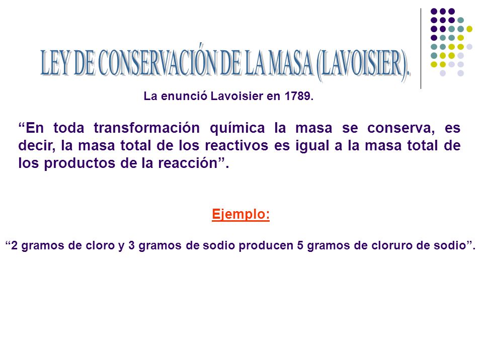 LEY DE CONSERVACIÓN DE LA MASA (LAVOISIER).
