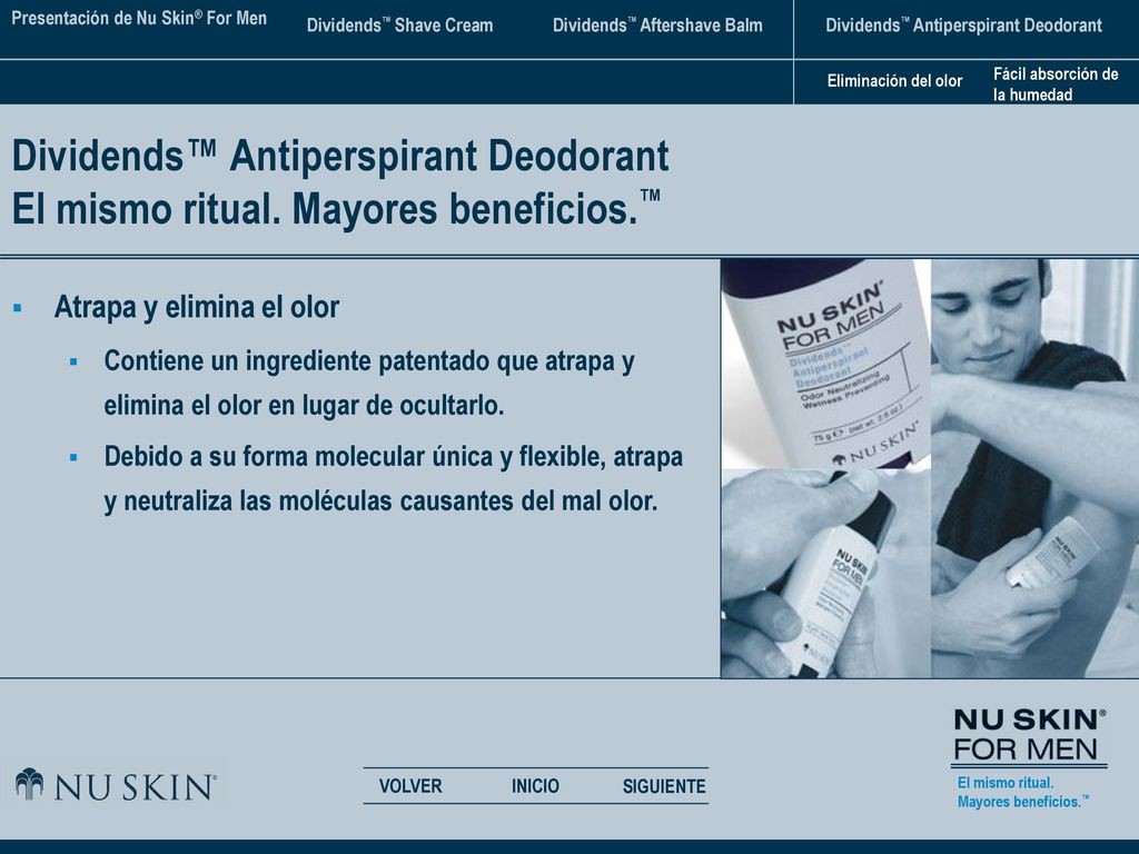 Eliminación del olor Fácil absorción de la humedad. Dividends™ Antiperspirant Deodorant El mismo ritual. Mayores beneficios.™