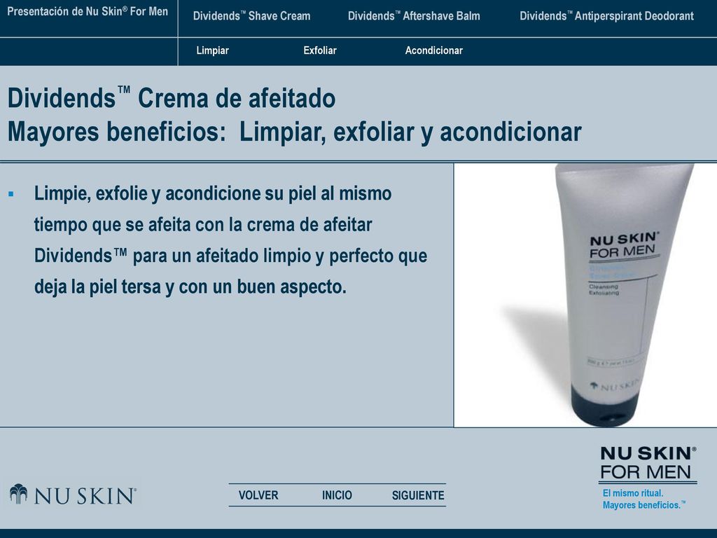 Limpiar Exfoliar. Acondicionar. Dividends™ Crema de afeitado Mayores beneficios: Limpiar, exfoliar y acondicionar.