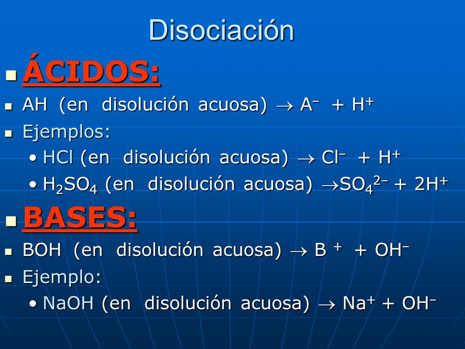 Disociación ÁCIDOS: BASES: AH (en disolución acuosa)  A– + H+