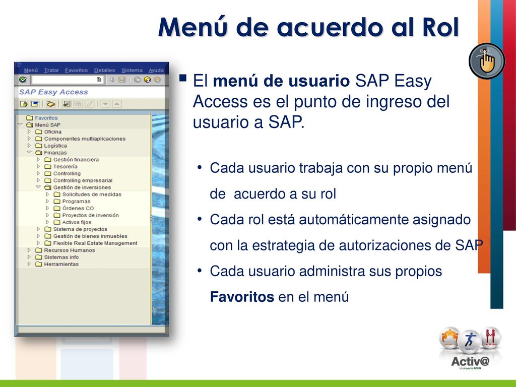 Menú de acuerdo al Rol El menú de usuario SAP Easy Access es el punto de ingreso del usuario a SAP.