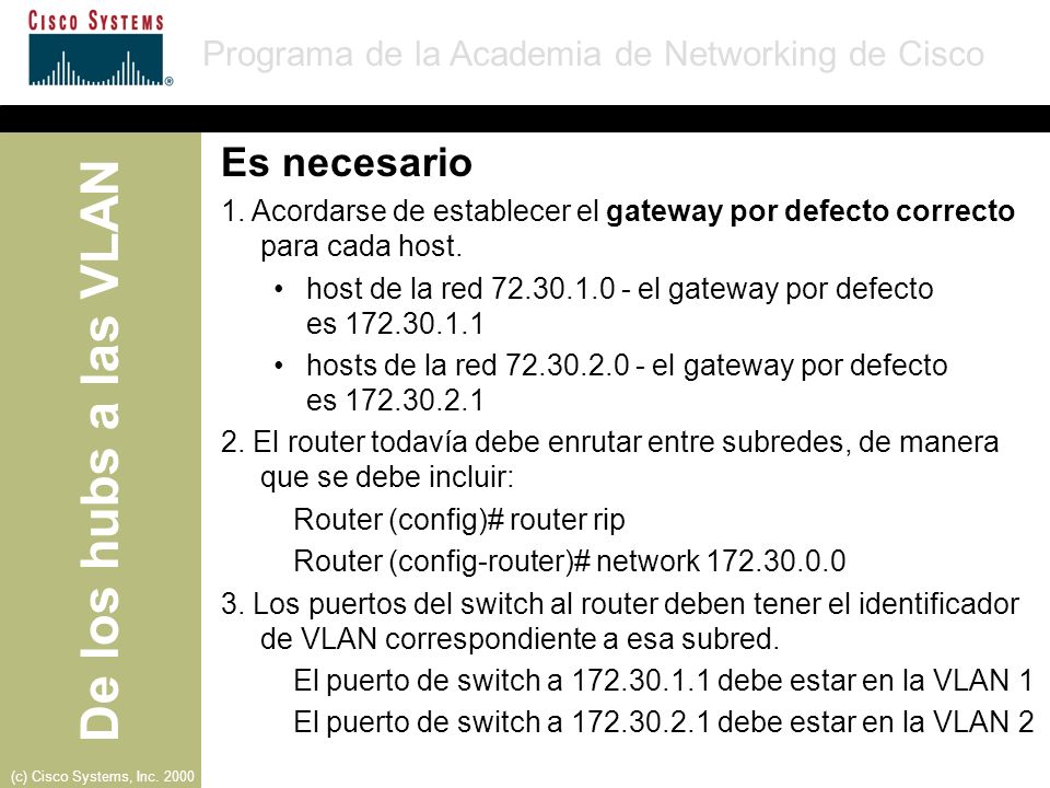Es necesario 1. Acordarse de establecer el gateway por defecto correcto para cada host.