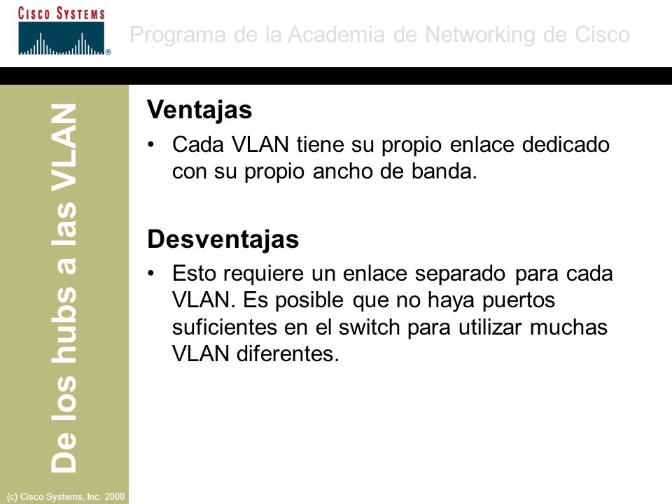 Ventajas Cada VLAN tiene su propio enlace dedicado con su propio ancho de banda. Desventajas.