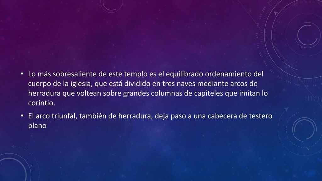 Lo más sobresaliente de este templo es el equilibrado ordenamiento del cuerpo de la iglesia, que está dividido en tres naves mediante arcos de herradura que voltean sobre grandes columnas de capiteles que imitan lo corintio.