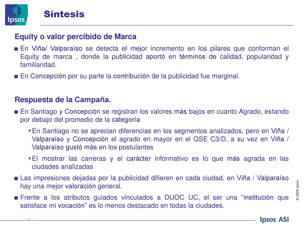 Síntesis Equity o valor percibido de Marca Respuesta de la Campaña.
