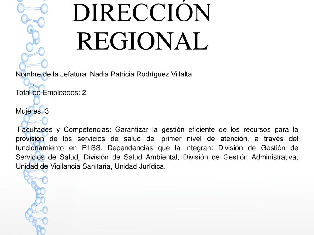 DIRECCIÓN REGIONAL Nombre de la Jefatura: Nadia Patricia Rodríguez Villalta. Total de Empleados: 2.