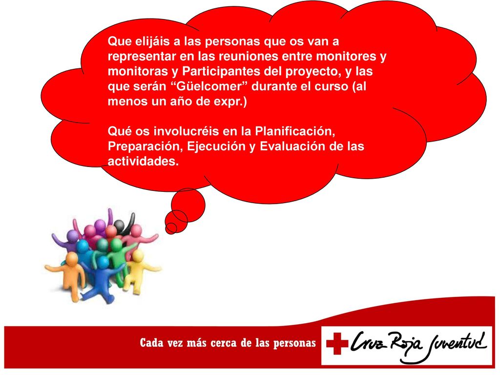 Que elijáis a las personas que os van a representar en las reuniones entre monitores y monitoras y Participantes del proyecto, y las que serán Güelcomer durante el curso (al menos un año de expr.)