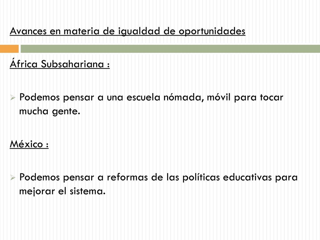 Avances en materia de igualdad de oportunidades África Subsahariana :