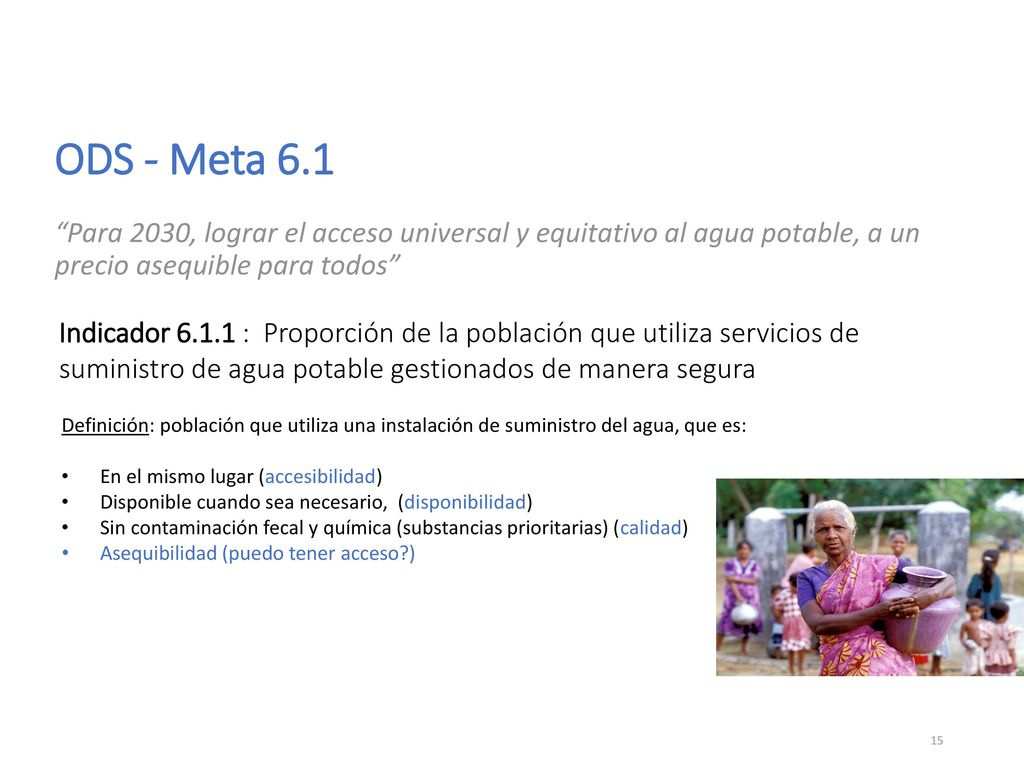 ODS - Meta 6.1 Para 2030, lograr el acceso universal y equitativo al agua potable, a un precio asequible para todos