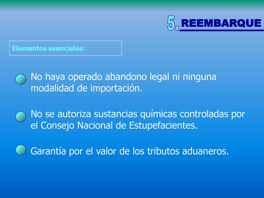 REEMBARQUE 5. Elementos esenciales: No haya operado abandono legal ni ninguna modalidad de importación.