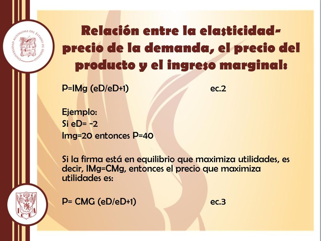 Relación entre la elasticidad-precio de la demanda, el precio del producto y el ingreso marginal: