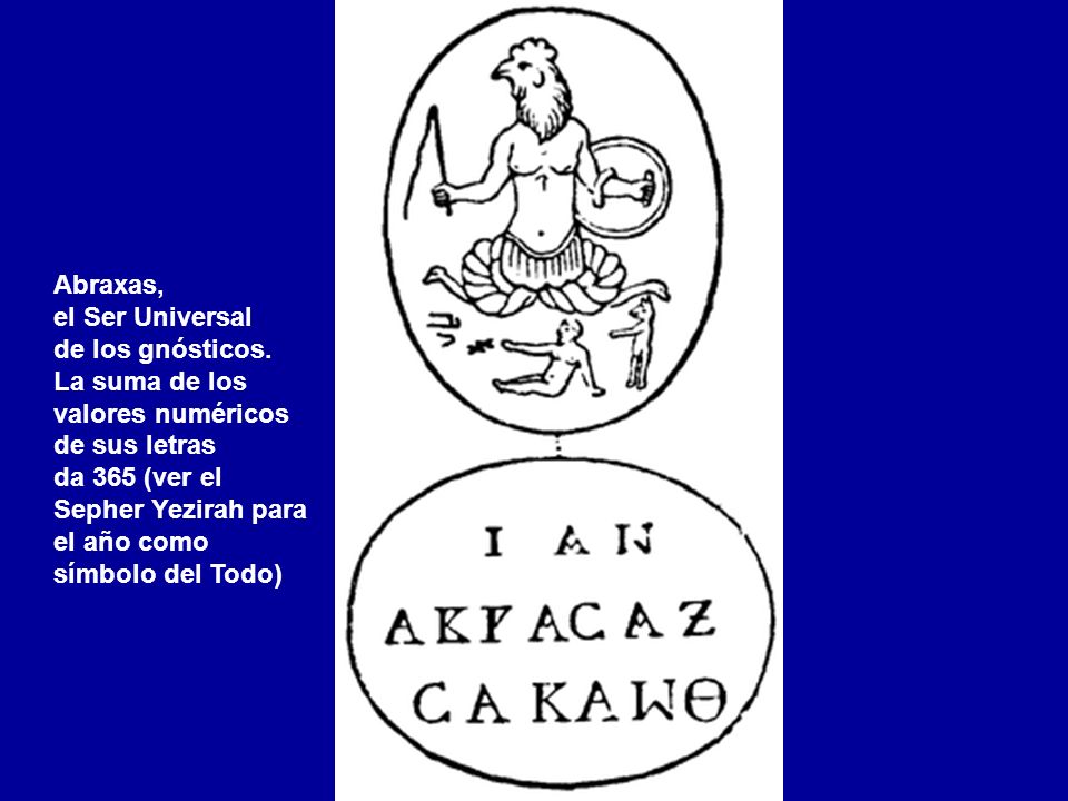 Abraxas, el Ser Universal. de los gnósticos. La suma de los. valores numéricos. de sus letras. da 365 (ver el.