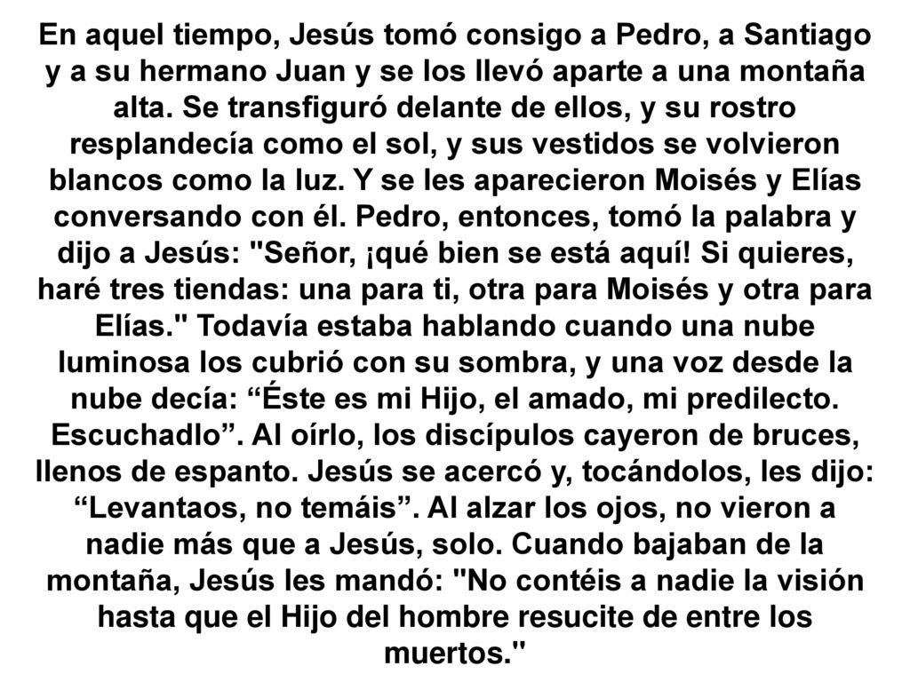 En aquel tiempo, Jesús tomó consigo a Pedro, a Santiago y a su hermano Juan y se los llevó aparte a una montaña alta.