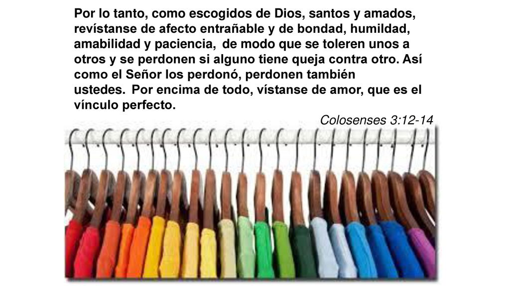 Por lo tanto, como escogidos de Dios, santos y amados, revístanse de afecto entrañable y de bondad, humildad, amabilidad y paciencia, de modo que se toleren unos a otros y se perdonen si alguno tiene queja contra otro. Así como el Señor los perdonó, perdonen también ustedes. Por encima de todo, vístanse de amor, que es el vínculo perfecto.