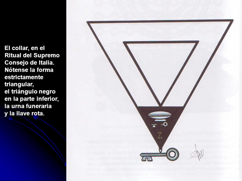 El collar, en el Ritual del Supremo. Consejo de Italia. Nótense la forma. estrictamente. triangular,