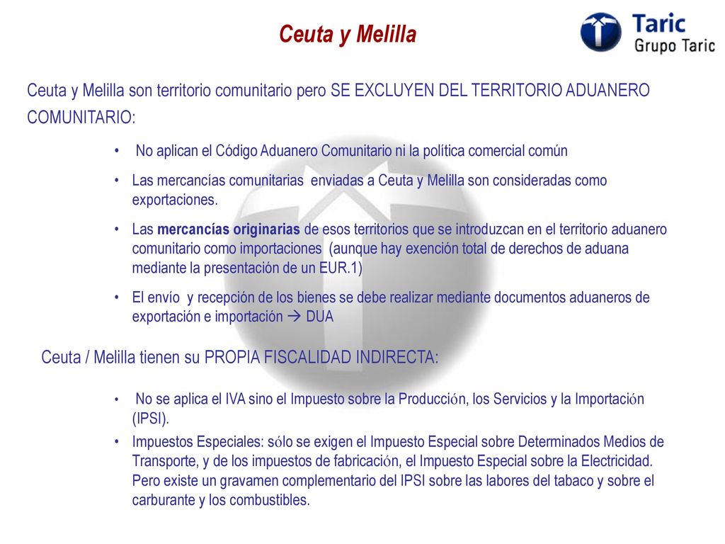 Ceuta y Melilla Ceuta y Melilla son territorio comunitario pero SE EXCLUYEN DEL TERRITORIO ADUANERO COMUNITARIO: