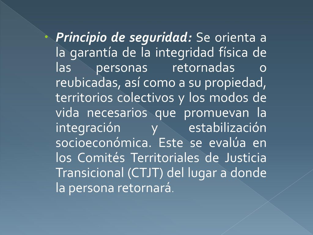 Principio de seguridad: Se orienta a la garantía de la integridad física de las personas retornadas o reubicadas, así como a su propiedad, territorios colectivos y los modos de vida necesarios que promuevan la integración y estabilización socioeconómica.