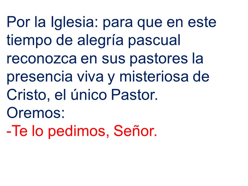 Por la Iglesia: para que en este tiempo de alegría pascual reconozca en sus pastores la presencia viva y misteriosa de Cristo, el único Pastor.